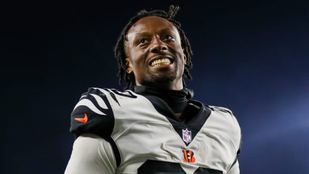 Bengals cornerback Eli Apple smiles after a game.